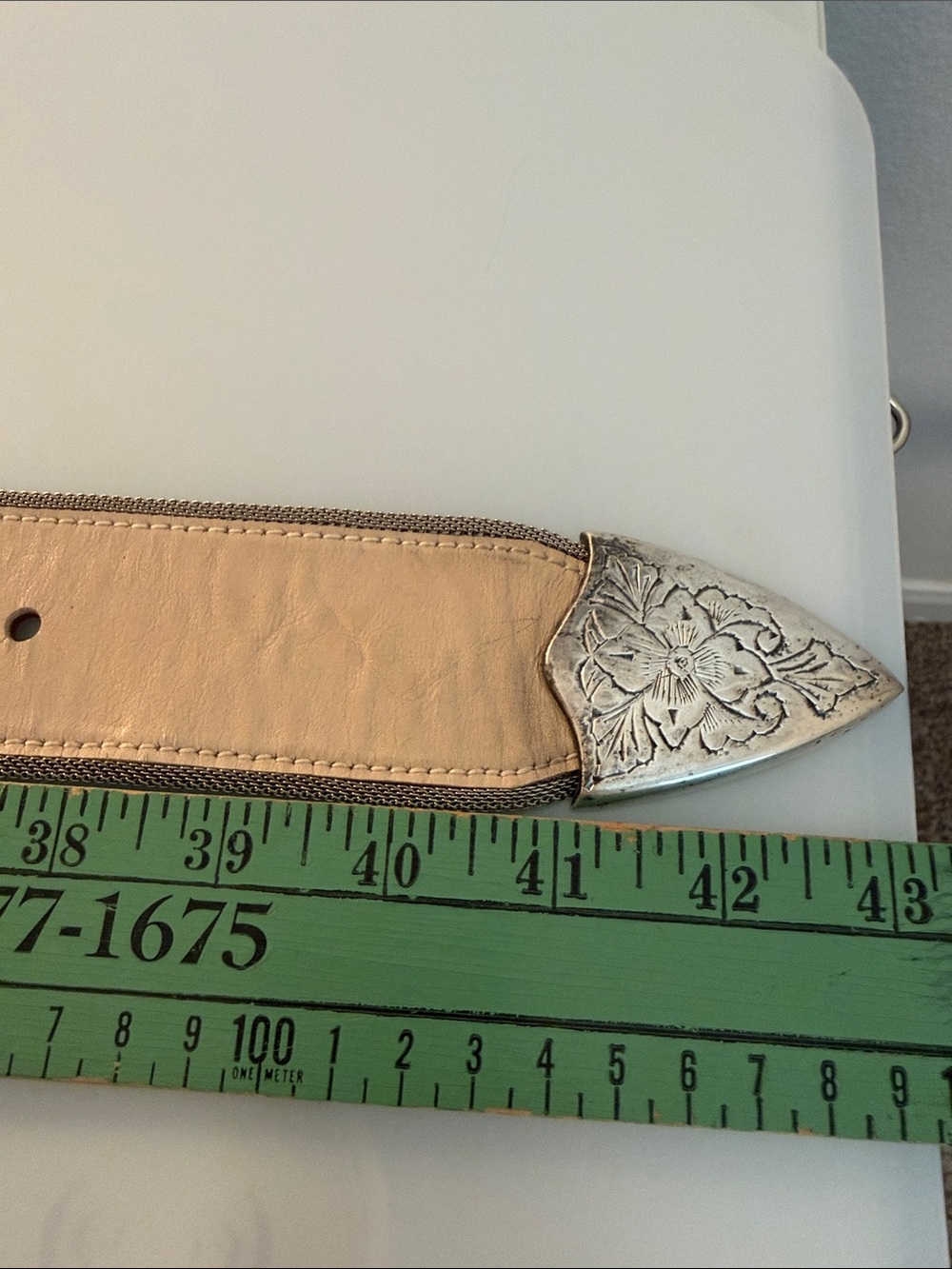 Streets Ahead Big Buckle Cream Western Silver Mesh Trim Leather Belt L - Picture 8 of 9